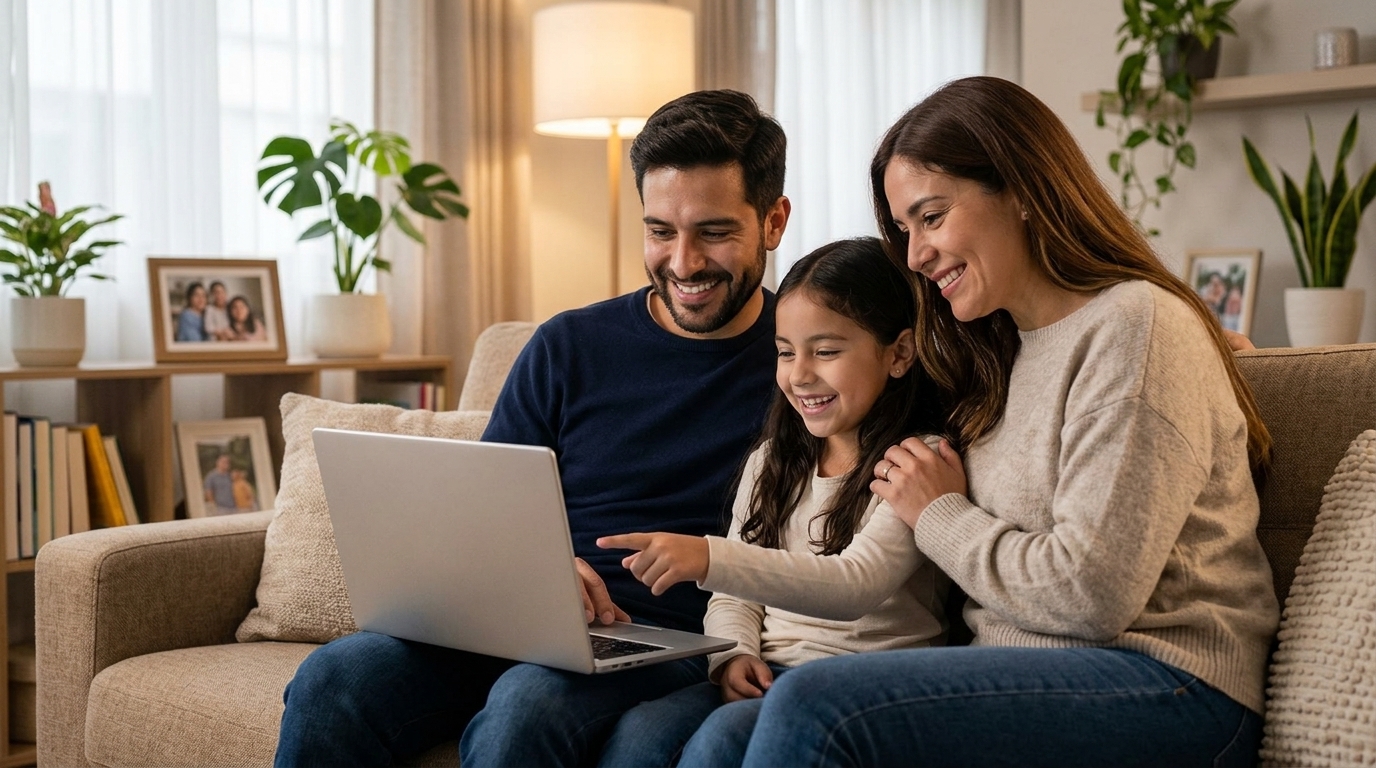 Familia feliz disfrutando de internet fibra óptica CARMA